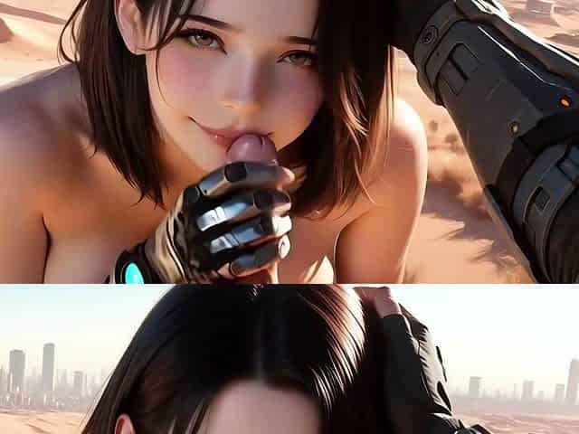 Cyber vixen takes hard cock deep in the dunes (AI Porn)