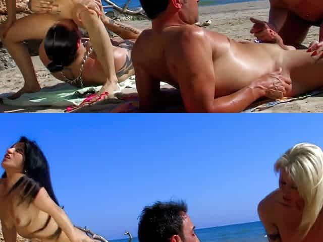 Wild Foursome On A Public Beach With Two Crazy Spanish Milfs