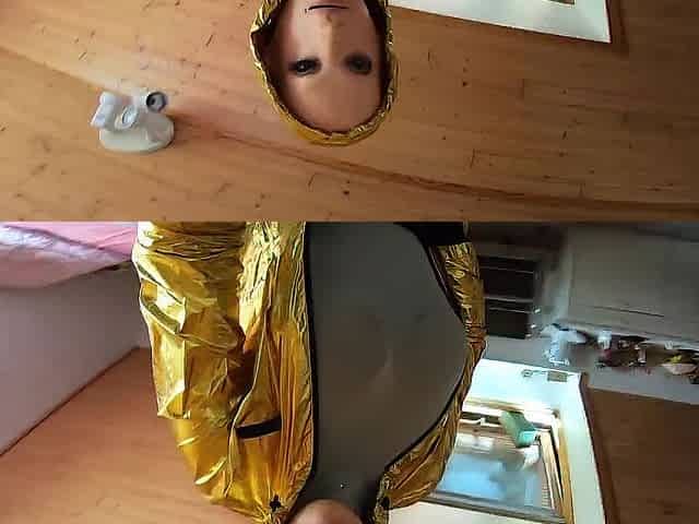 Doll costume up with female mask and slender jeans