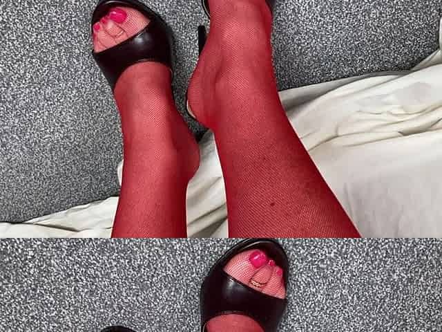 Mrs Mature Feet Wearing a Very Sexy Open Boobed Cage Dress, Sexy High Heels and Fine Seamed Fishnet Stockings