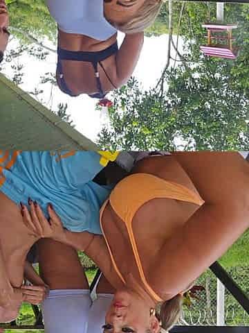 Curvy balcony bbw duo tease man with sensual bikini play