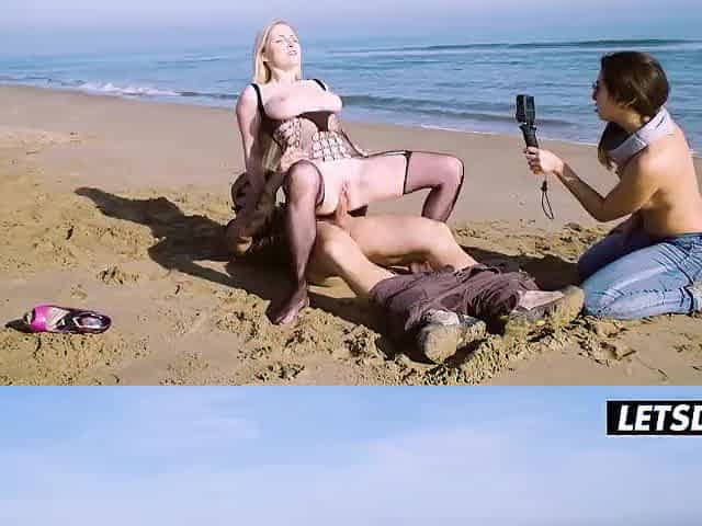 Public Beach Bang... Curvy Blond in Fishnets Gets Pounded in the Open