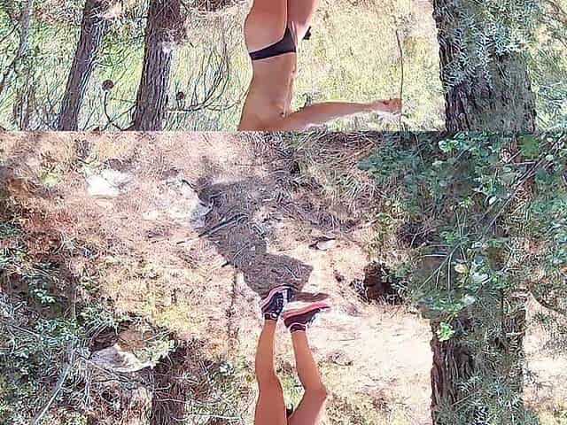 Fitness pair undresses undressed and bangs in the forest - risky masturbation - Oral job and vagina licking