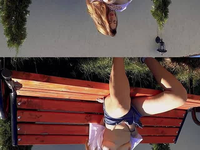 Blonde Bombshell's Steamy Bench Pleasure
