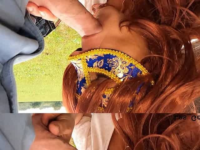 Beautiful Redhead MILF Sucks Son in Law's Cock Outdoors to Make Him Cum on Her Natural Tits