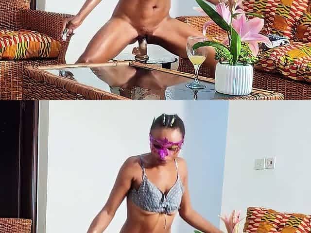 Shiny Oiled Ebony Babe, Destroyed Dildo On Coffee Table