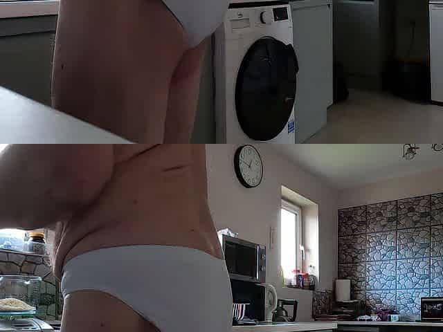Preparing my food in my swimming trunks