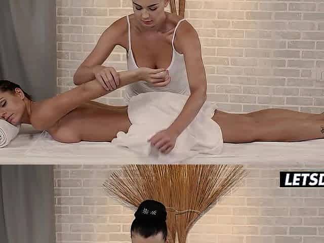Lesbo Oil Massage Gets Smutty... That babe Rubs Her Cunt on the Table
