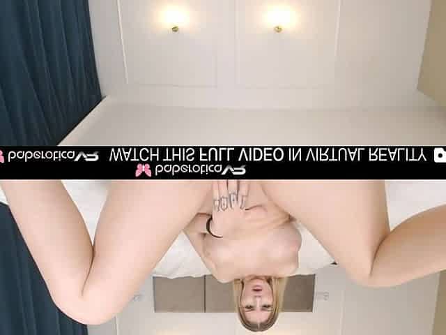 Solo blond Coco groans and masturbates with her legs widen with a vibrator,in VR.