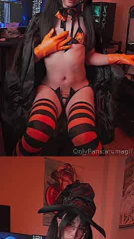 Cute Large-Ramrod Femboy Aroma in Halloween Witch Dress Plays with Vibrator & Fleshlight to Cum