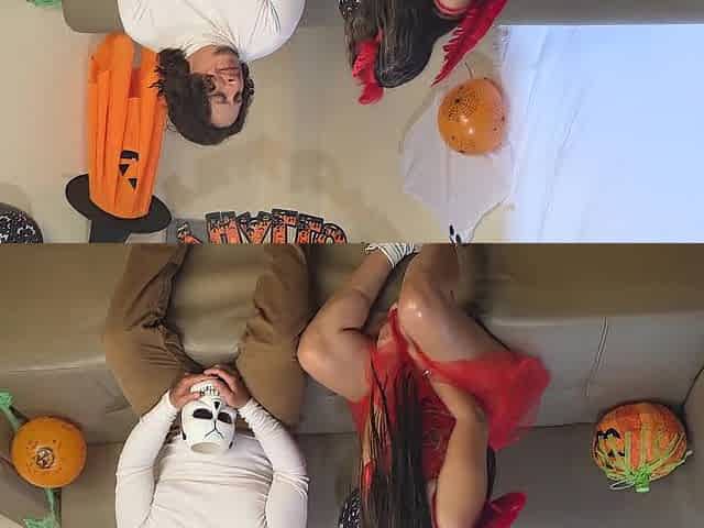 Halloween trio with the marvelous, large-butt devil and the vicious witch