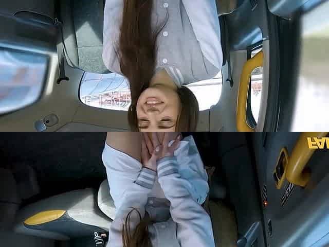 Hot brunette girl orders a taxi and feels so horny, she asks him to stop and fuck her hard