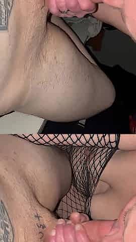 Ange in fishnet body nylons blows Loco Cum in throat