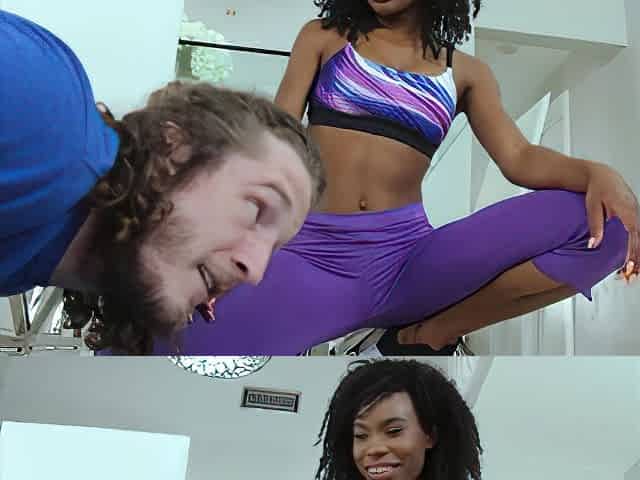 After a great workout, a flexible ebony Ivory is getting fucked in her wet pussy