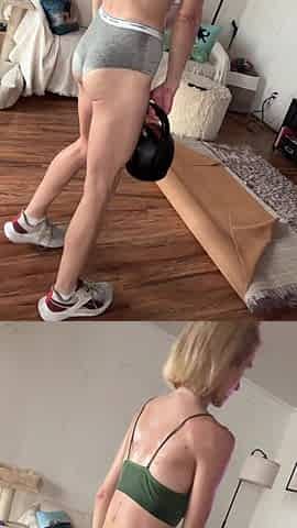 Fit slim blond upper body workout in pants (watch greater amount on OnlyFans)