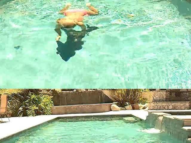 Hawt lez allies giving a kiss in the pool, fingering on the bed