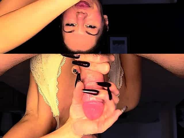 Sharp long nails and deep sounding handjob