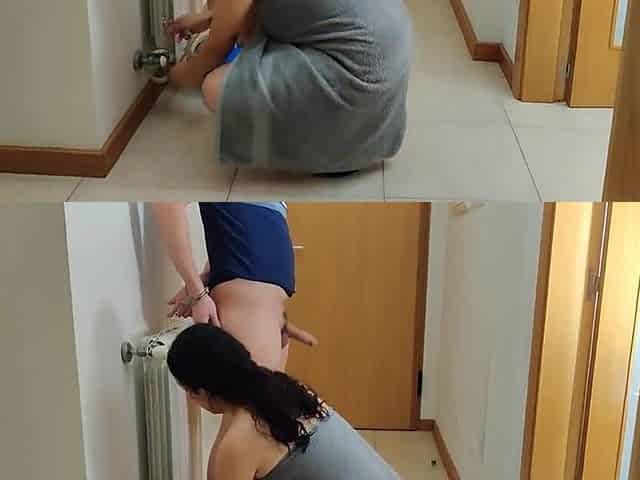 wife handcuffs delivery guy and gets a creampie