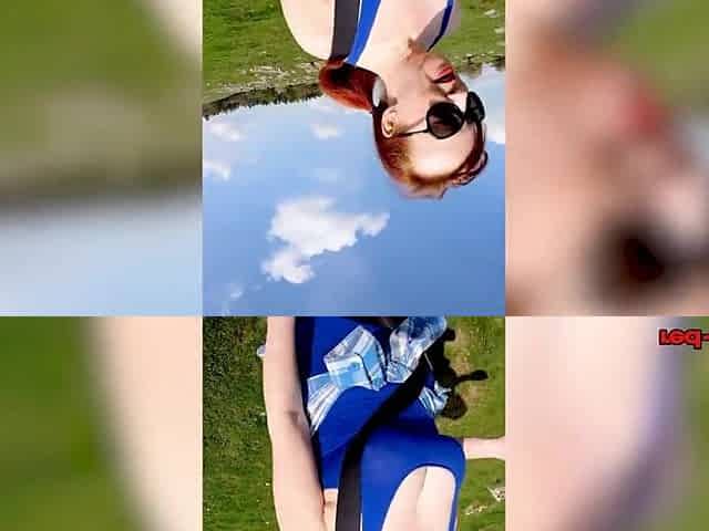Breasty redhead older shows off her large melons during the time that out on a hike