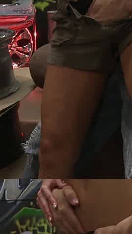 Pretty brunette, India Summer, gets it on with a rough looking dude in a garage, Squirts As She Gets Fucked