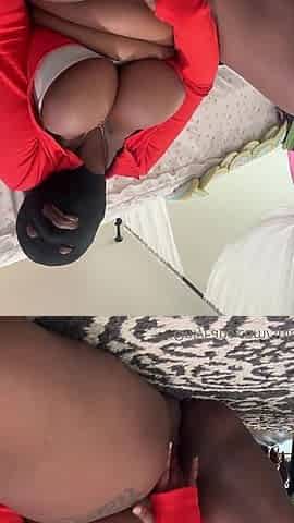 Busty Ebony in Mask Masturbates with a Huge Dildo