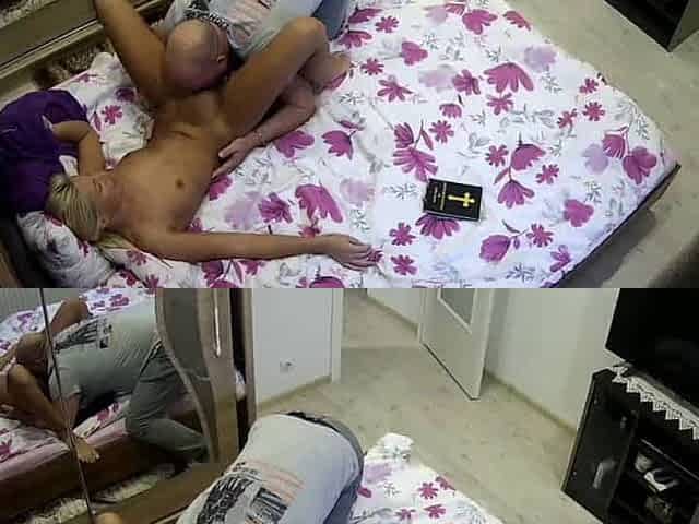 Busty tanned blonde licked, then eats cum with the Bible on her bed