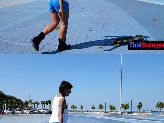 Skateboarding fail of big butt Thai MILF who fucks at home after