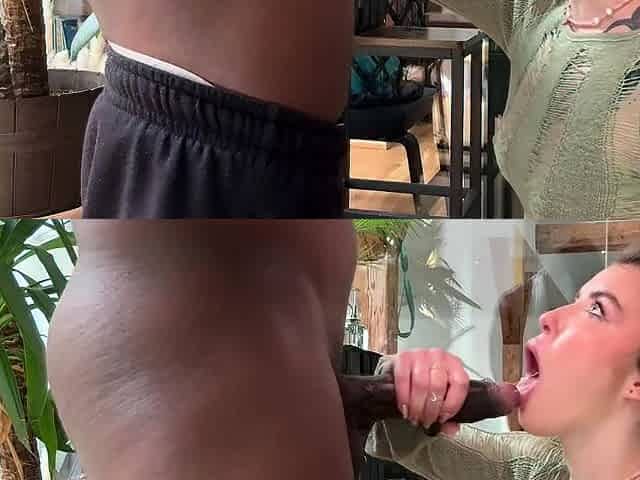 Small tit brunette gives blowjob to a big cock
