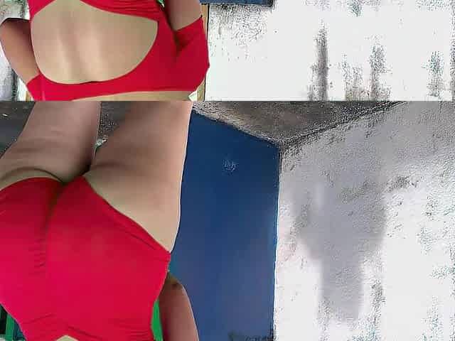 Stepmother washing the pool in a red swimsuit