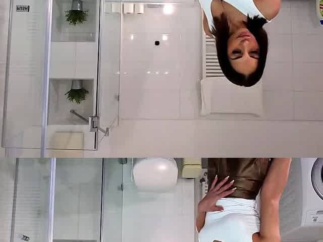 Tiny brunette hair chick in light hawt mini petticoat gets bored and ignored in the washroom