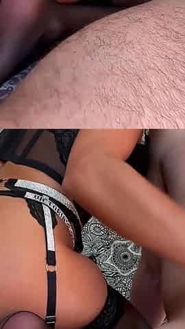 Reverse handjob done by Adeline Murphy while wearing black lingerie & stockings