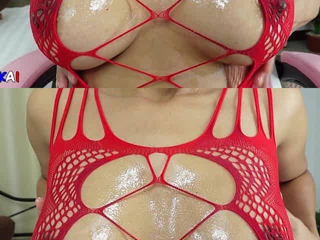 Nipple Play in Red Bodystocking