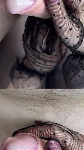 Sensitive Handjob in Nylon Gloves