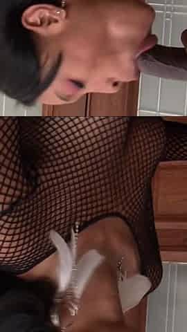 Sexy Ebony Chick in Fishnet Sucks and Fucks Her BF's Huge Dong
