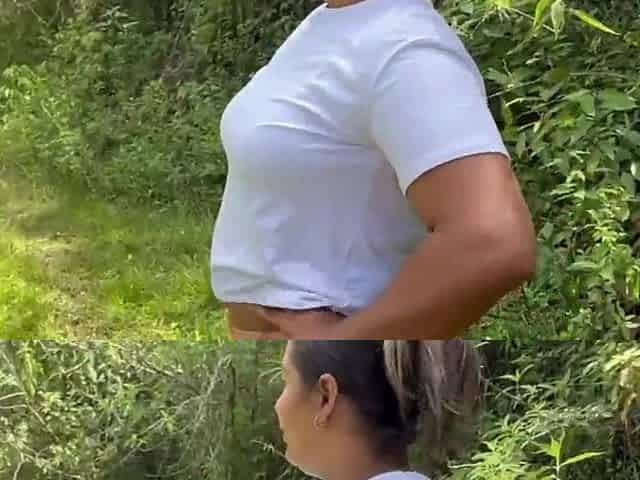 Colombian woman with a large butt ends up screwing a stranger in the woods. Spanish porn.