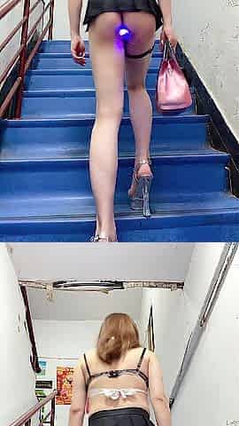expose myself at motel stairs with vibrating egg & LED ass-plug