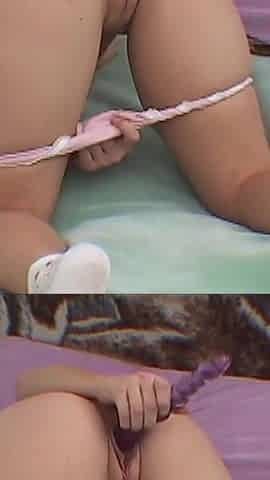 Fucking Blonde with Tight Pussy in Bed with Huge Dildo Until She Moans