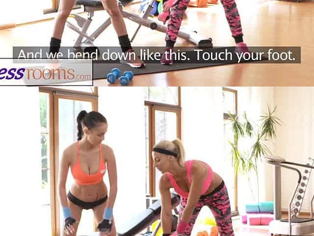 Fitness Rooms Giant natural breasts chick rubs juicy twat on youthful gym gal