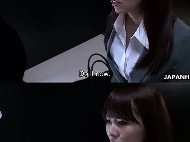 Naughty office slut Yui Hatano stands on knees to give boss a blowjob