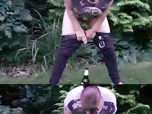 pissing and screwing a bottle in the park