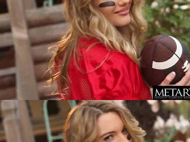 Blond takes off her football kit to masturbate to climax