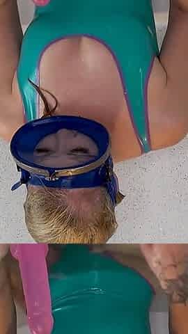 Suction Cup Dildo BJ in Latex Swimsuit & Dive Mask