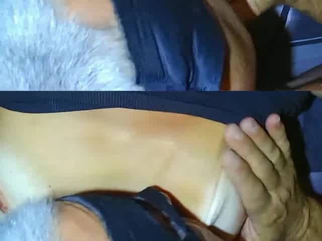 I squeeze my spouse balls and this chab cum onto my tiny boobs