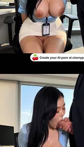 Black haired office slut sucks cock cum on huge tits pussy