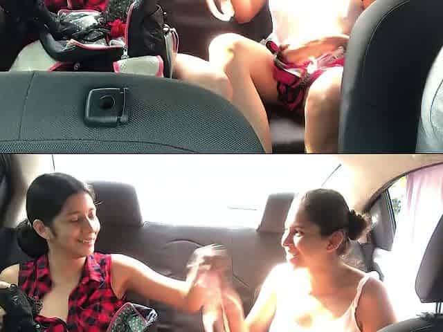 College angels undress nude in the car on the way to work
