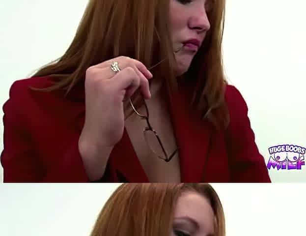 This marvelous redhead in high heels with large melons got creampied by a stud