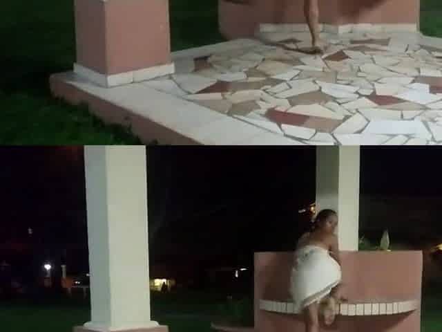 Tiny-titted Asian babe plays with herself outdoors