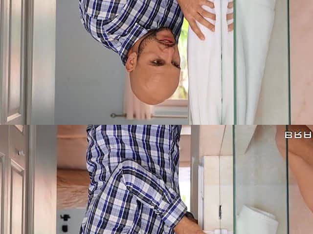 Dashing porn in the bathroom for a cougar with giant tits