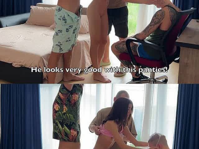 Wife Put Dirty Panties on Cuckold's Head so He Would Keep Quiet and Watch as Her Lovers Fucked Her