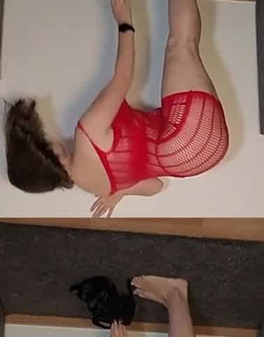 Busty Curvy Girl in Red See-through Dress Takes off Her Thong